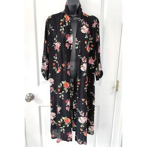 Ember black floral print long kimono/shawl